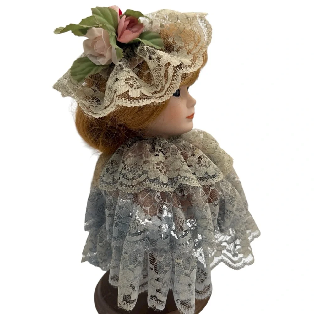 Porcelain Doll Bust Head on Stand with Lace Dress and Hat - Picture 3 of 8